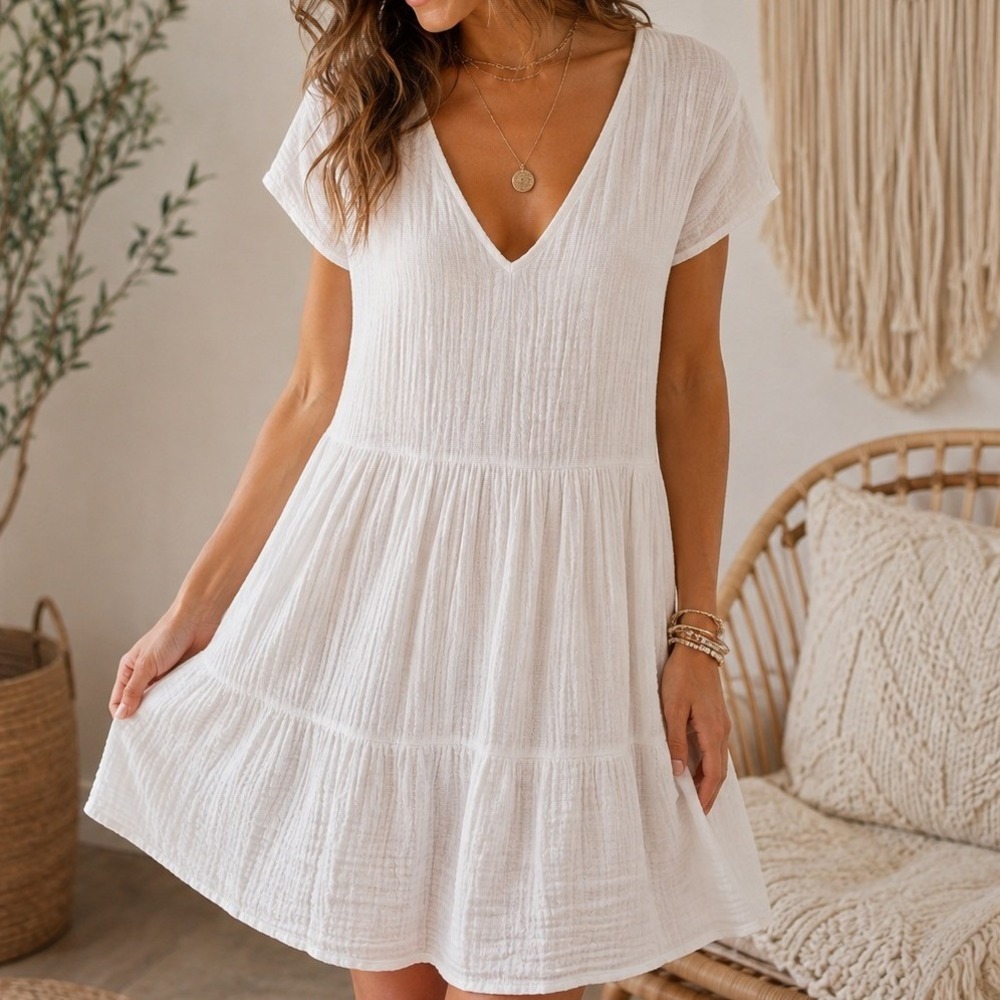 Rip Curl Women White Cotton Gauze Tiered Babydoll Mini Dress Boho Coastal